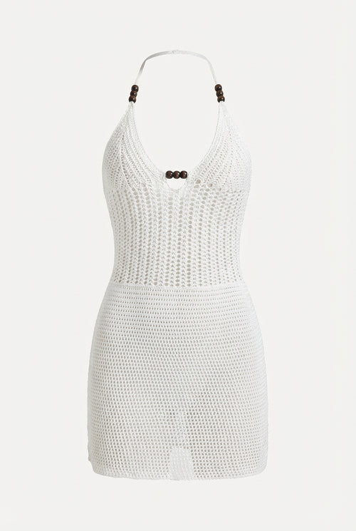 Avoria | Crochet Mini Dress White Halter Neck Beachwear for Women