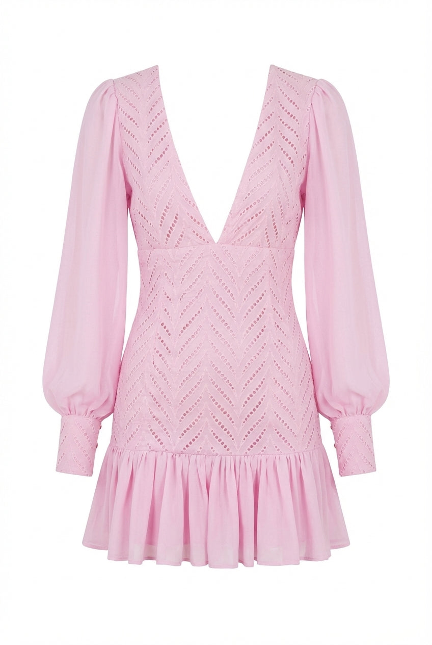 Avoria | Pink Summer Mini Dress V-Neck Long Sleeve Party Wear