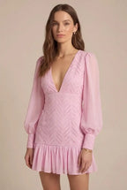 Avoria | Mini Dress Wedding Guest Pink V-Neck Long Sleeve