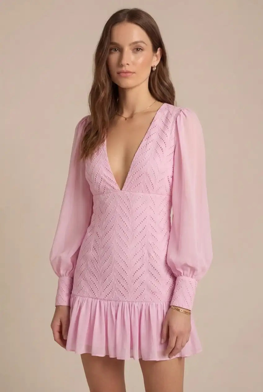 Avoria | Pink Summer Mini Dress V-Neck Long Sleeve Party Wear