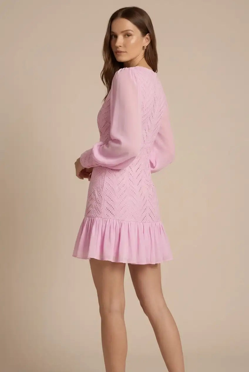 Avoria | Pink Summer Mini Dress V-Neck Long Sleeve Party Wear