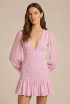 Avoria | Mini Dress Wedding Guest Pink V-Neck Long Sleeve