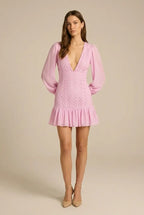 Avoria | Mini Dress Wedding Guest Pink V-Neck Long Sleeve