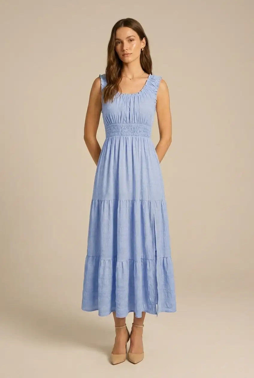 Avoria | Midi Dress Wedding Guest Pleated Square Neck Sky Blue