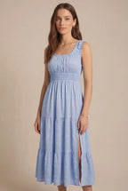 Avoria | Midi Dress Wedding Guest Pleated Square Neck Sky Blue