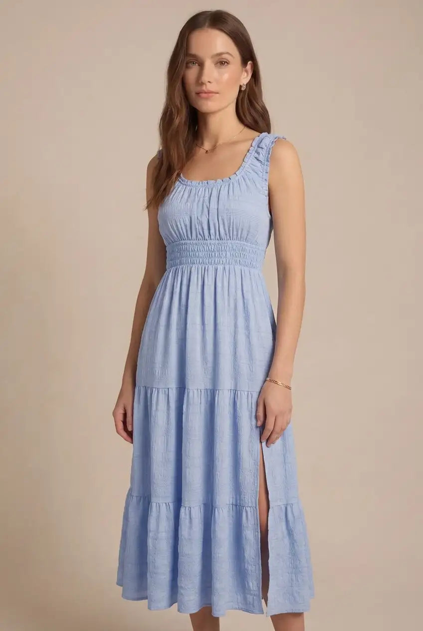 Avoria | Midi Dress Wedding Guest Pleated Square Neck Sky Blue