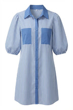 Avoria | Women’s Blue Stripe Mini Shirt Dress with Puff Sleeves