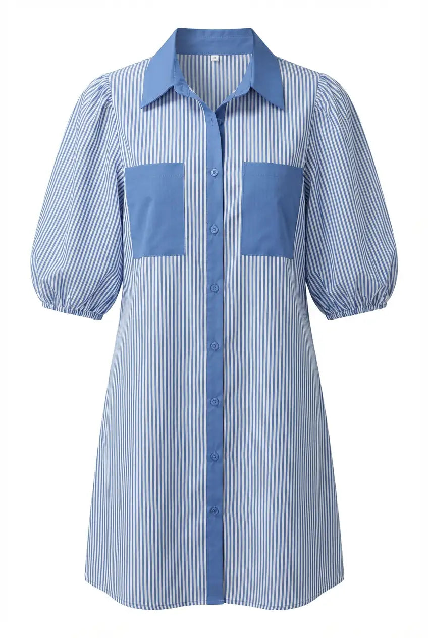 Avoria | Women’s Blue Stripe Mini Shirt Dress with Puff Sleeves