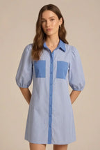 Avoria | Women’s Blue Stripe Mini Shirt Dress with Puff Sleeves