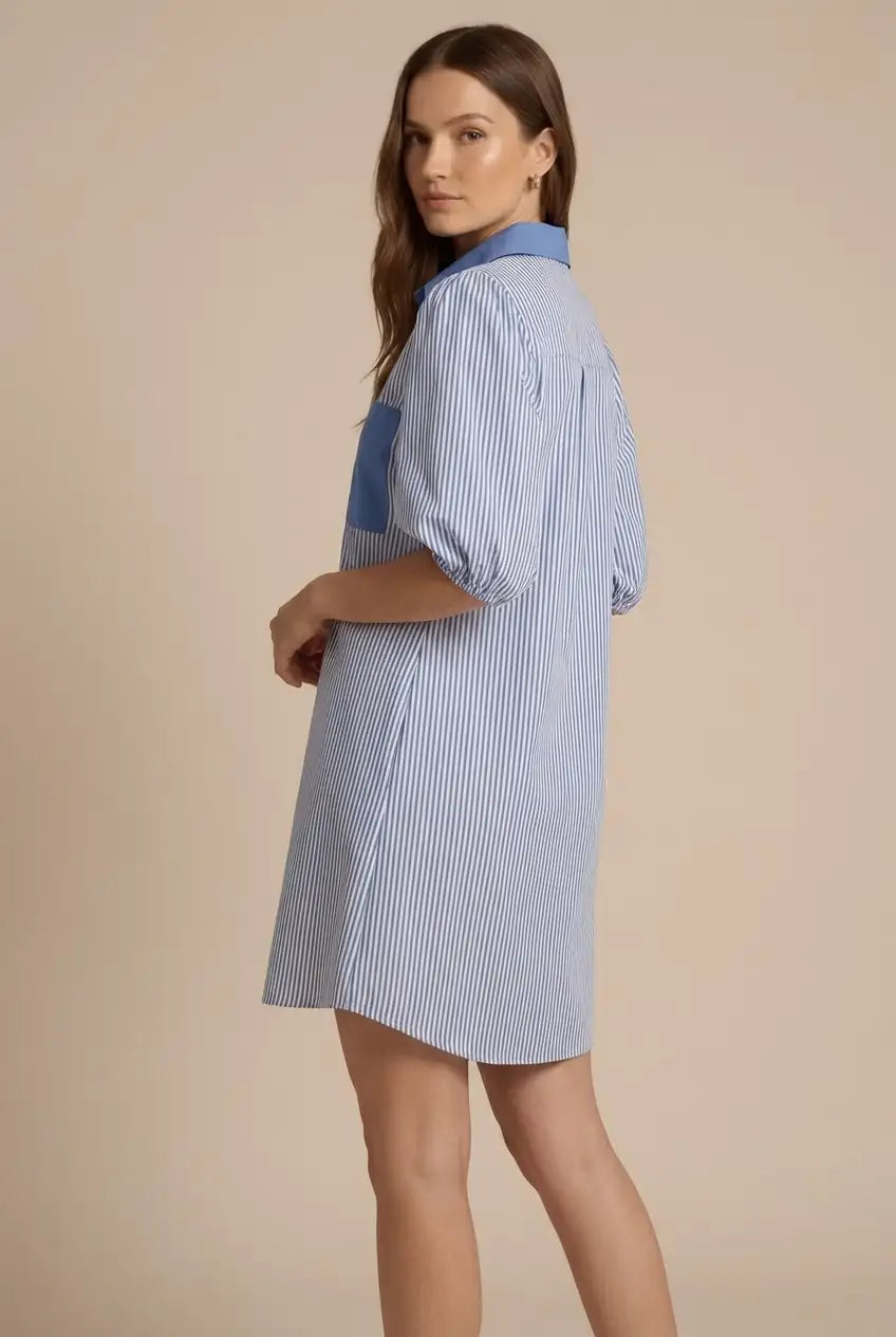 Avoria | Women’s Blue Stripe Mini Shirt Dress with Puff Sleeves