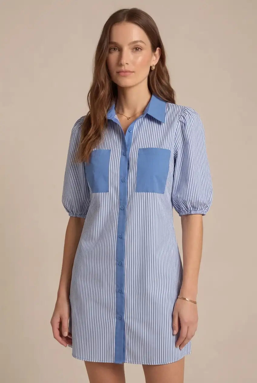 Avoria | Women’s Blue Stripe Mini Shirt Dress with Puff Sleeves