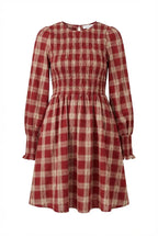 Avoria | Smocked Plaid Dress Red Puff Sleeve Casual Mini