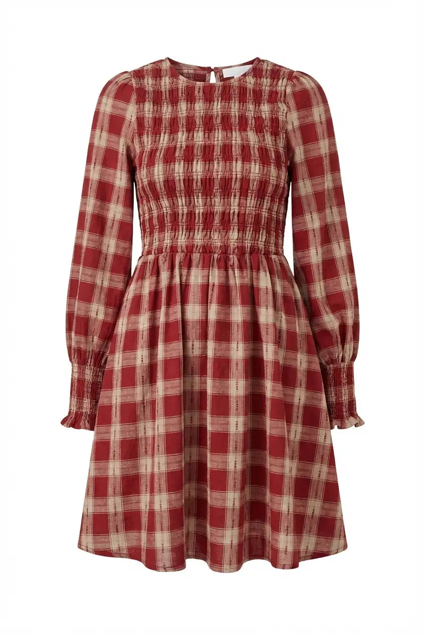 Avoria | Smocked Plaid Dress Red Puff Sleeve Casual Mini