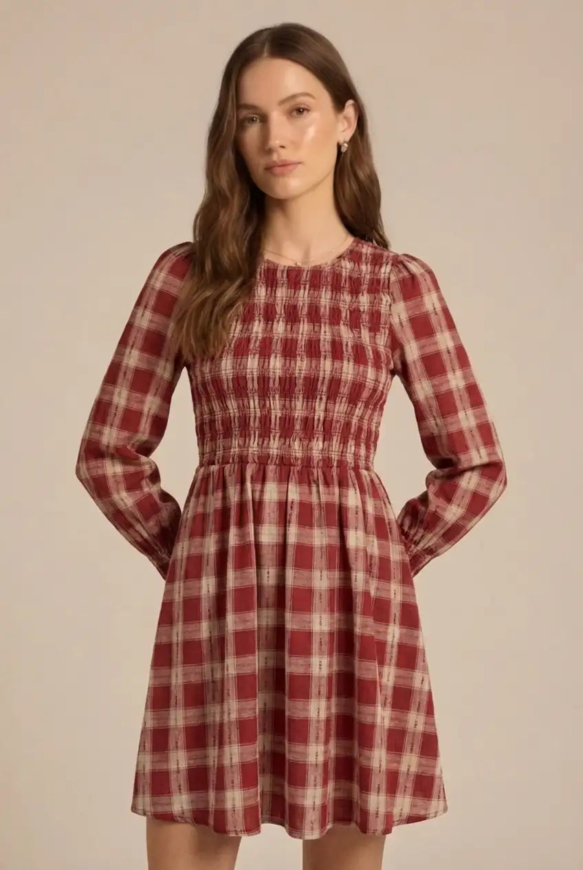 Avoria | Smocked Plaid Dress Red Puff Sleeve Casual Mini