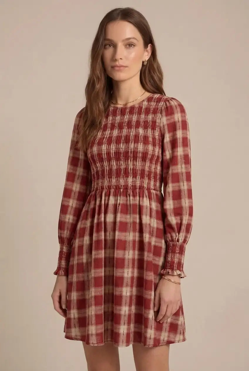 Avoria | Smocked Plaid Dress Red Puff Sleeve Casual Mini