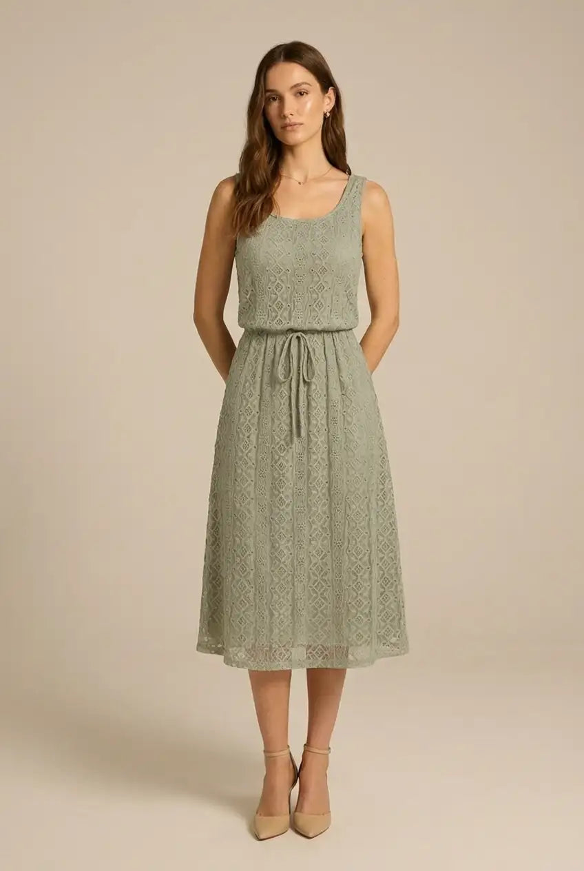 Avoria | Sage Green Eyelet Lace Dress with Adjustable Drawstring Waist