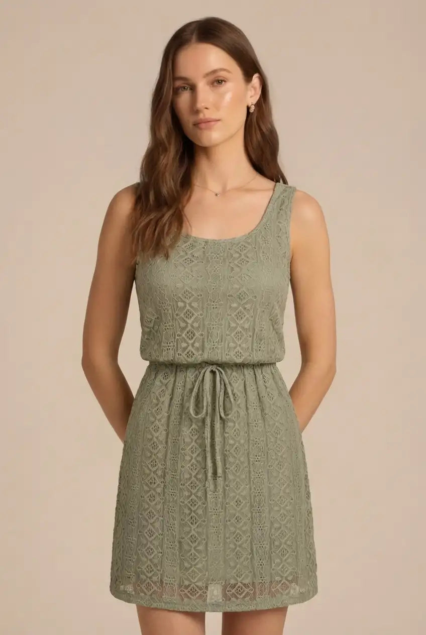 Avoria | Sage Green Eyelet Lace Dress with Adjustable Drawstring Waist