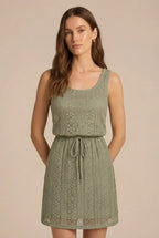 Avoria | Sage Green Eyelet Lace Dress with Adjustable Drawstring Waist
