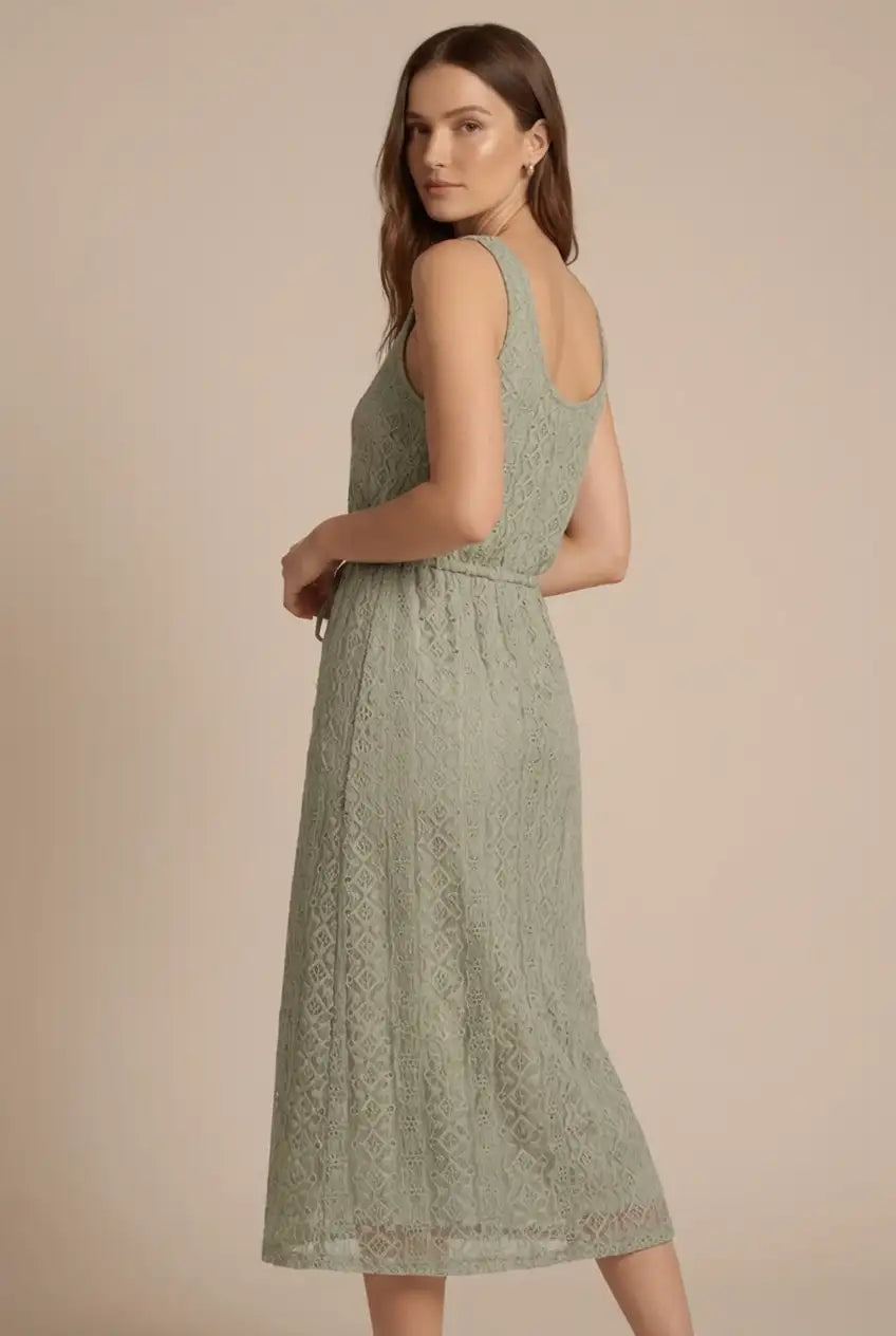 Avoria | Sage Green Eyelet Lace Dress with Adjustable Drawstring Waist