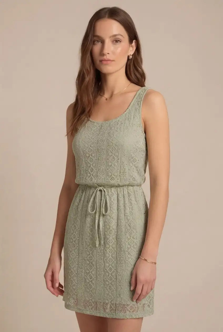 Avoria | Sage Green Eyelet Lace Dress with Adjustable Drawstring Waist