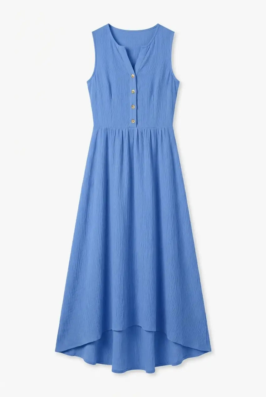 Avoria | Lightweight Sleeveless Blue Flowy Dress with Buttons