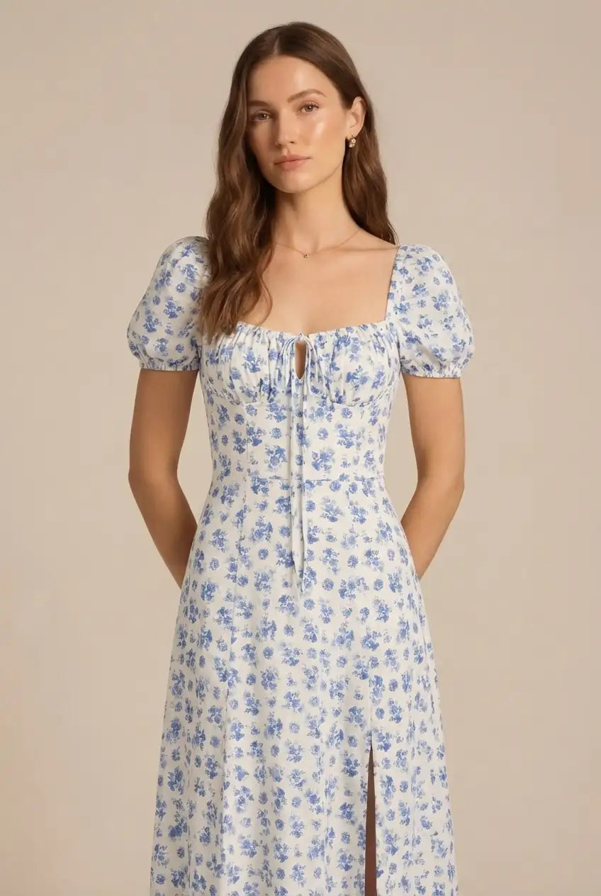Avoria | Women’s Summer Floral Midi Dress Tie Front Slit Fit