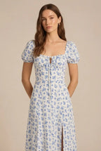 Avoria | Women’s Summer Floral Midi Dress Tie Front Slit Fit