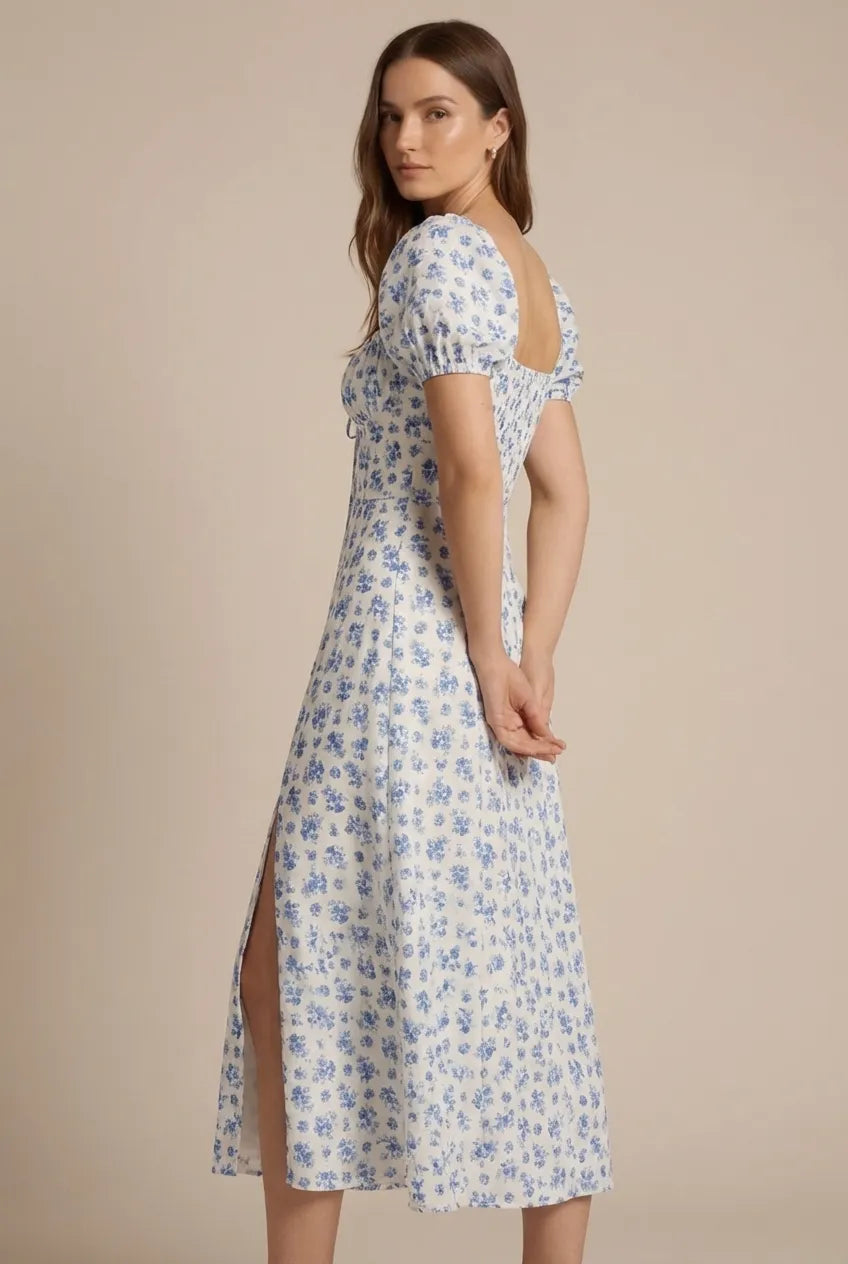 Avoria | Women’s Summer Floral Midi Dress Tie Front Slit Fit