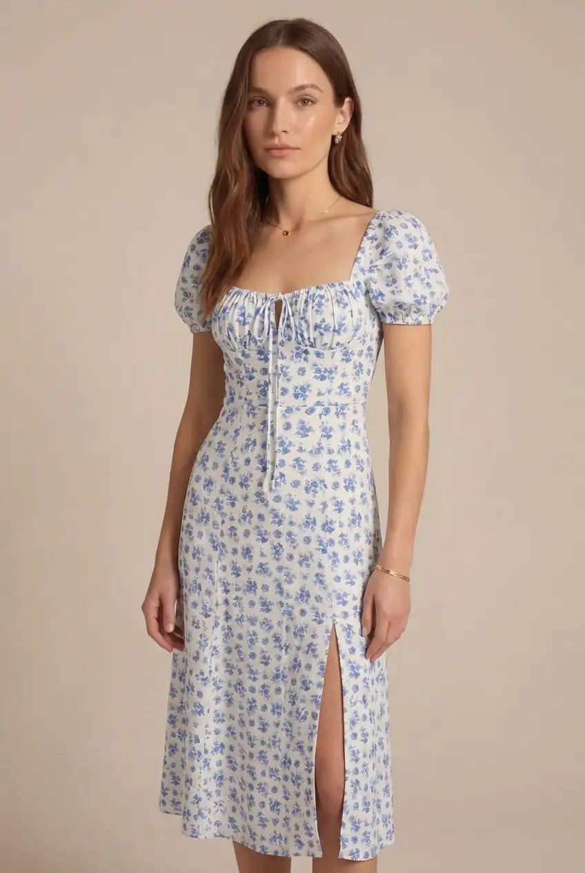 Avoria | Women’s Summer Floral Midi Dress Tie Front Slit Fit