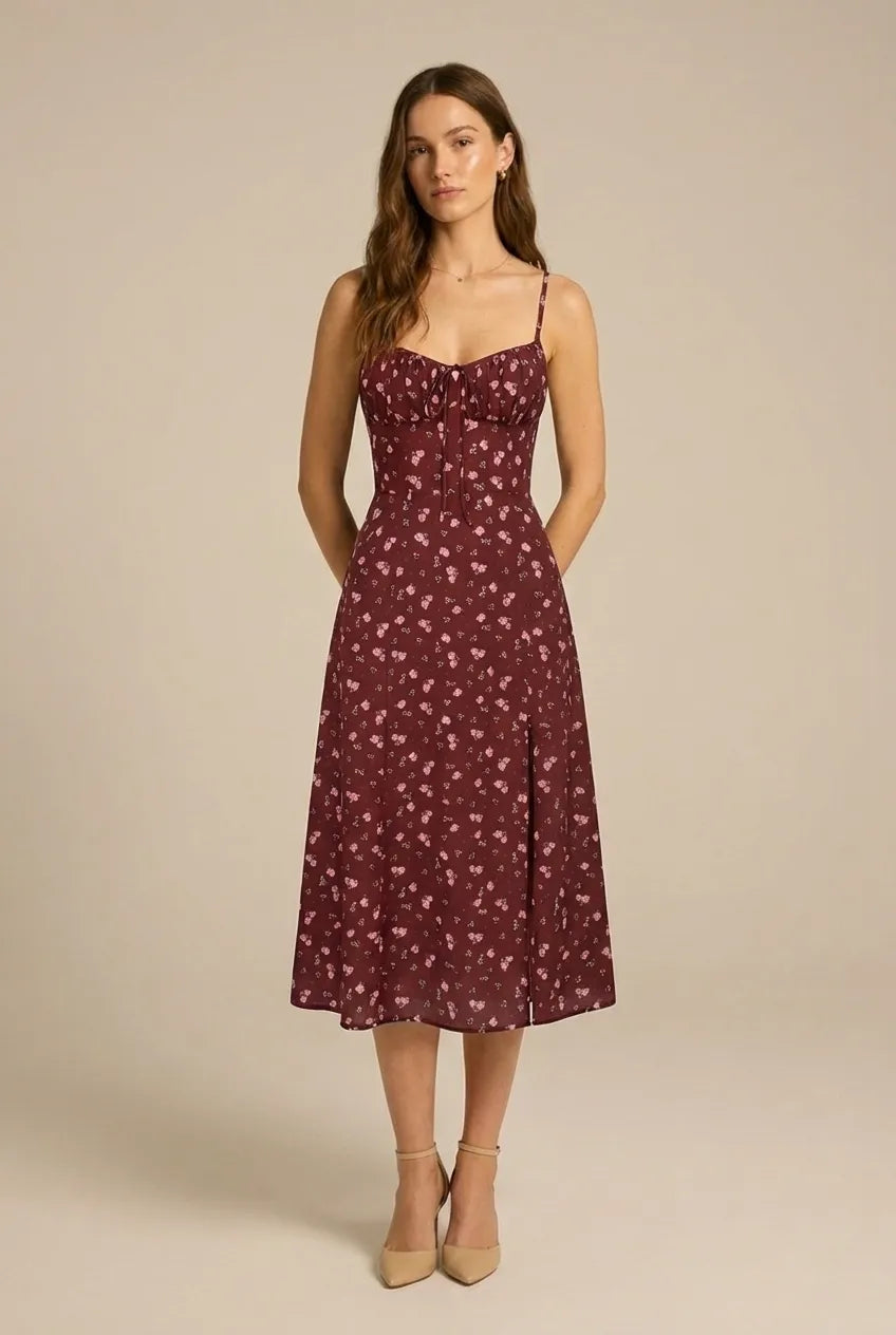 Avoria | Women’s Summer Floral Midi Dress Tie Front Slim Fit