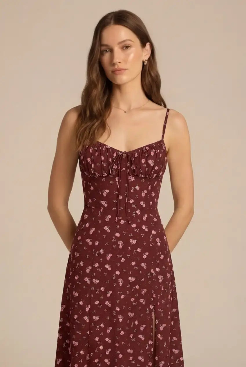 Avoria | Women’s Summer Floral Midi Dress Tie Front Slim Fit