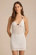 Avoria | Crochet Mini Dress White Halter Neck Beachwear for Women