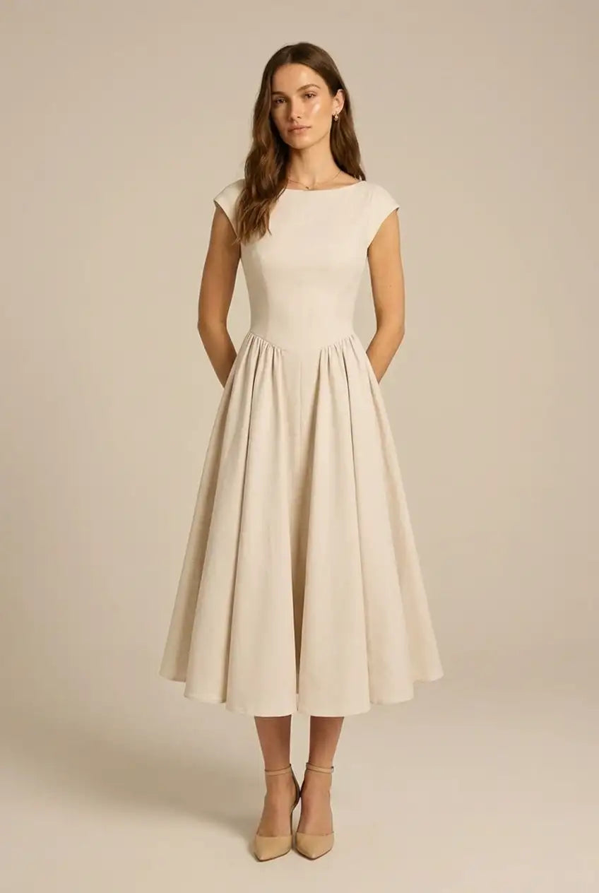 Avoria | Midi Dress Wedding Guest A-Line Cap Sleeve Elegant