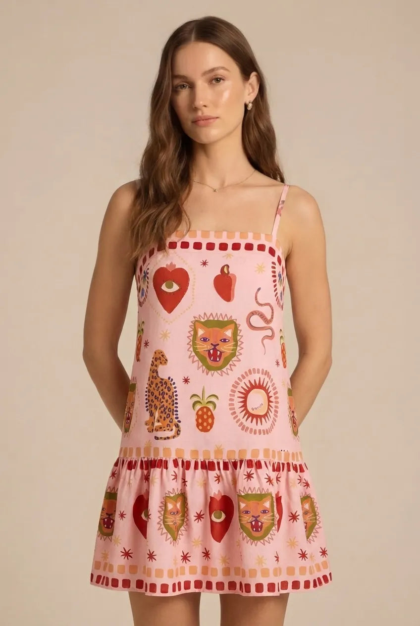 Avoria | Women's Pink Printed Summer Mini Dress for Vacation Wear