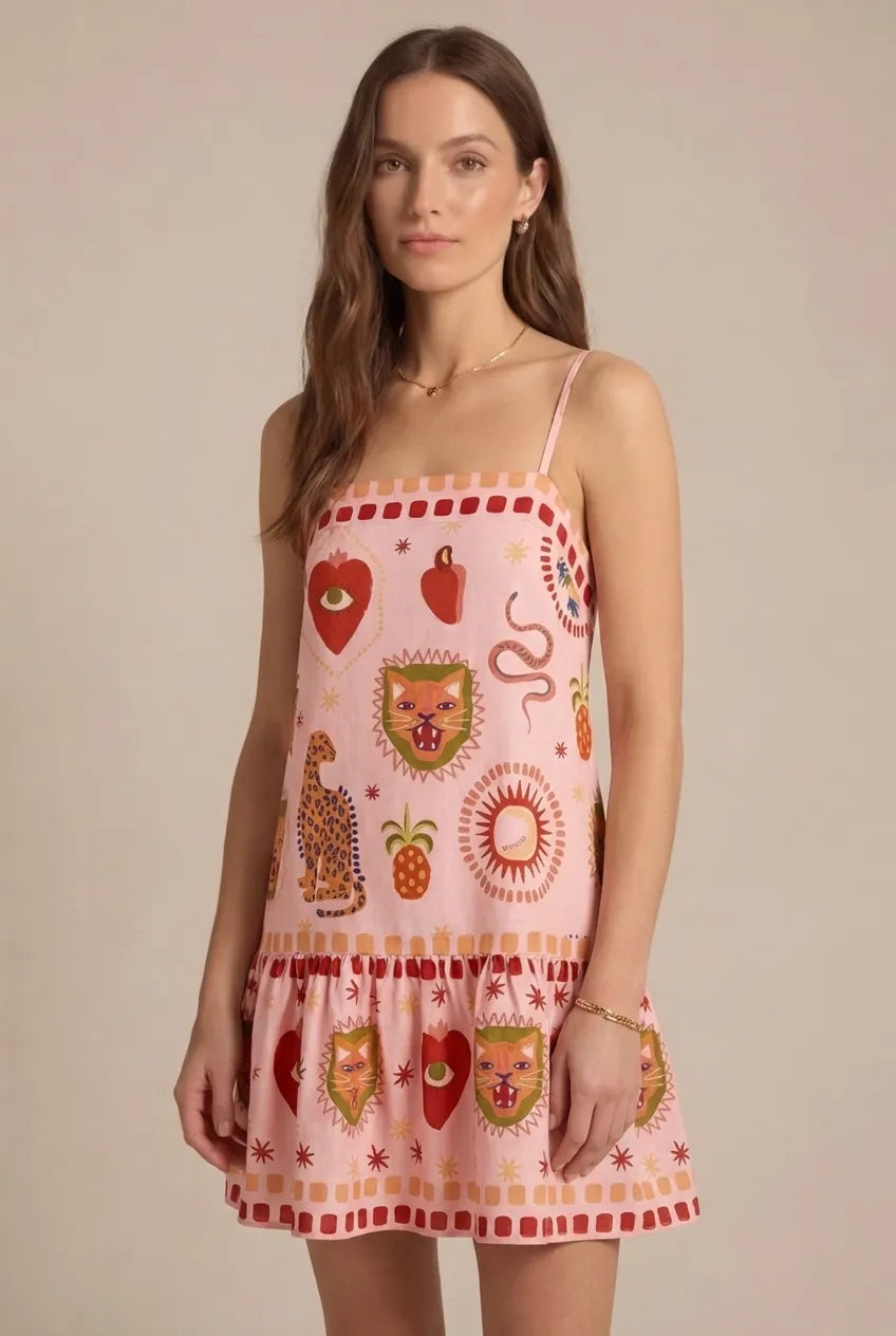 Avoria | Women's Pink Printed Summer Mini Dress for Vacation Wear