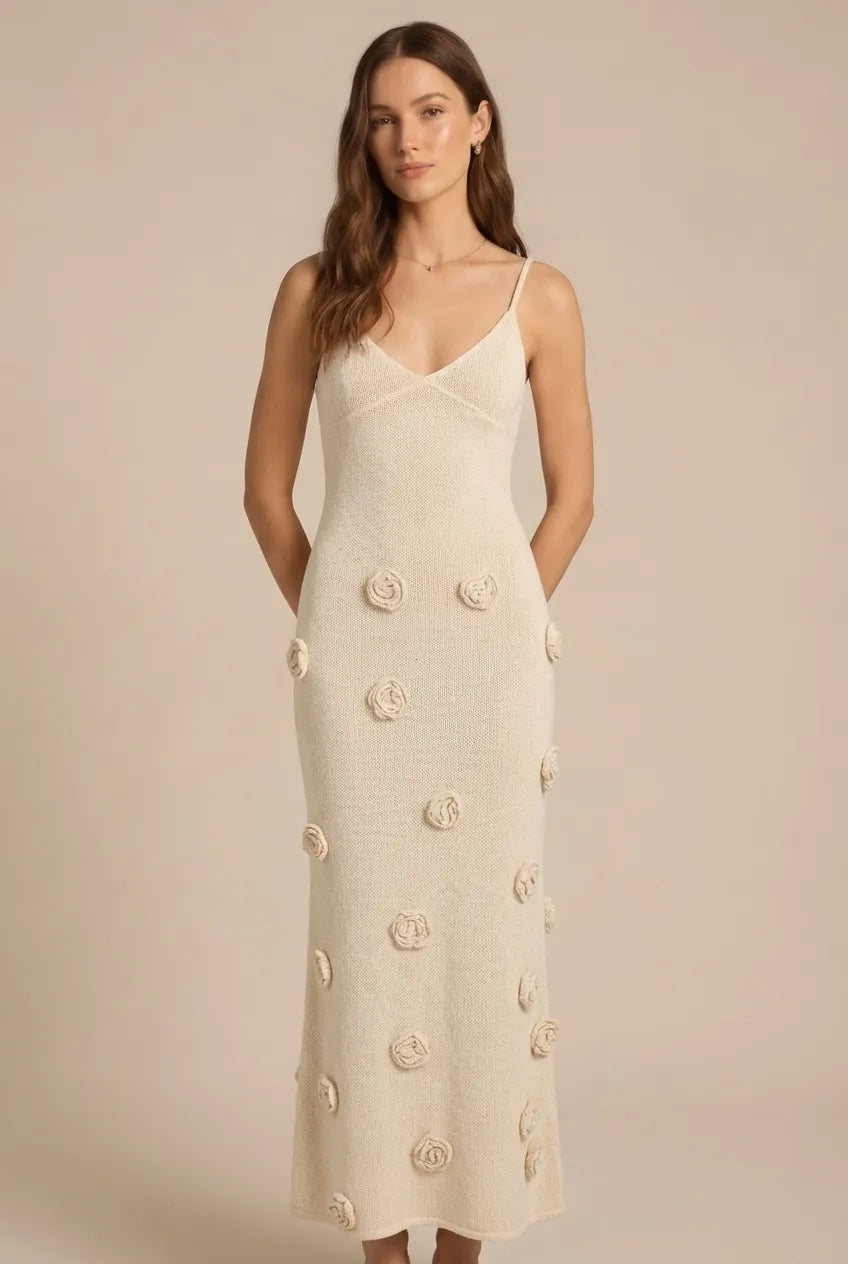 Avoria | Floral Appliqué Summer Knit Women’s Dress Beige