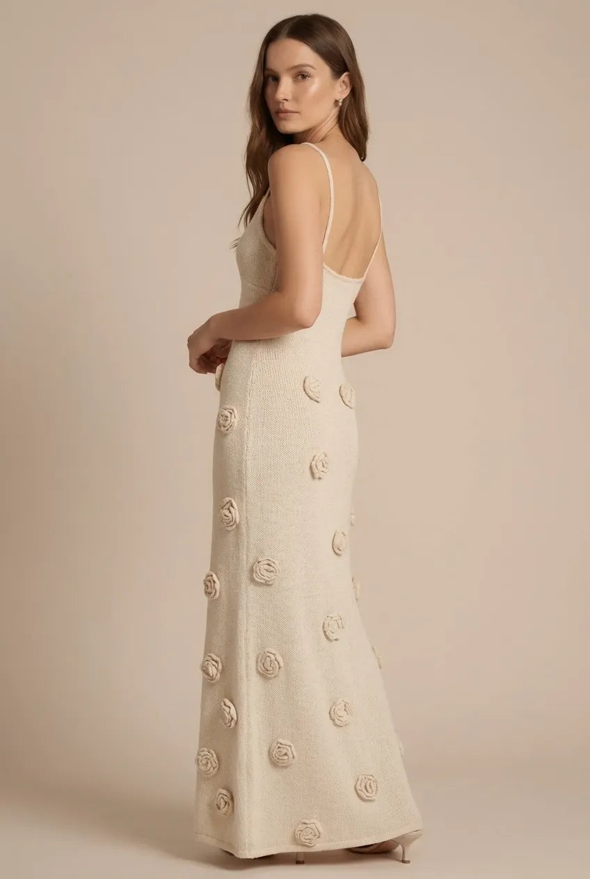 Avoria | Floral Appliqué Summer Knit Women’s Dress Beige