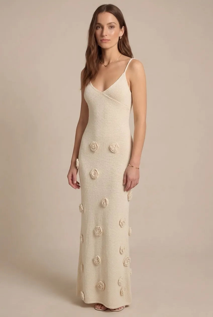 Avoria | Floral Appliqué Summer Knit Women’s Dress Beige