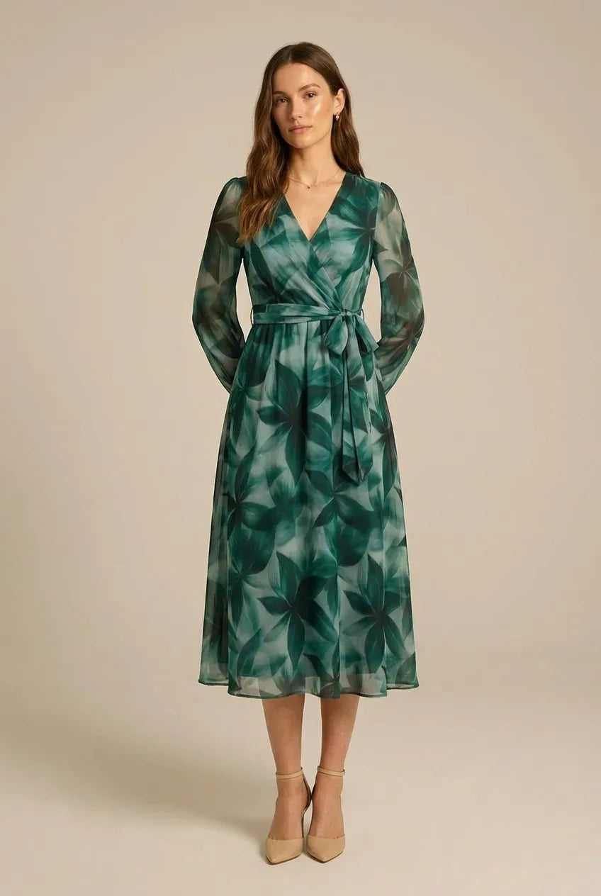 Avoria | Women’s Long Sleeve Elegant Maxi Dress Tie Waist Wedding Guest