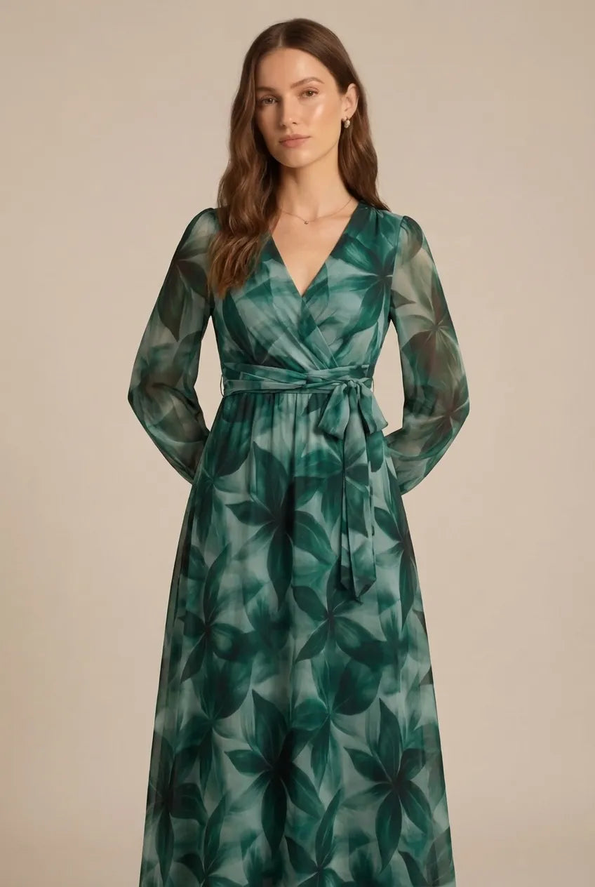 Avoria | Women’s Long Sleeve Elegant Maxi Dress Tie Waist Wedding Guest