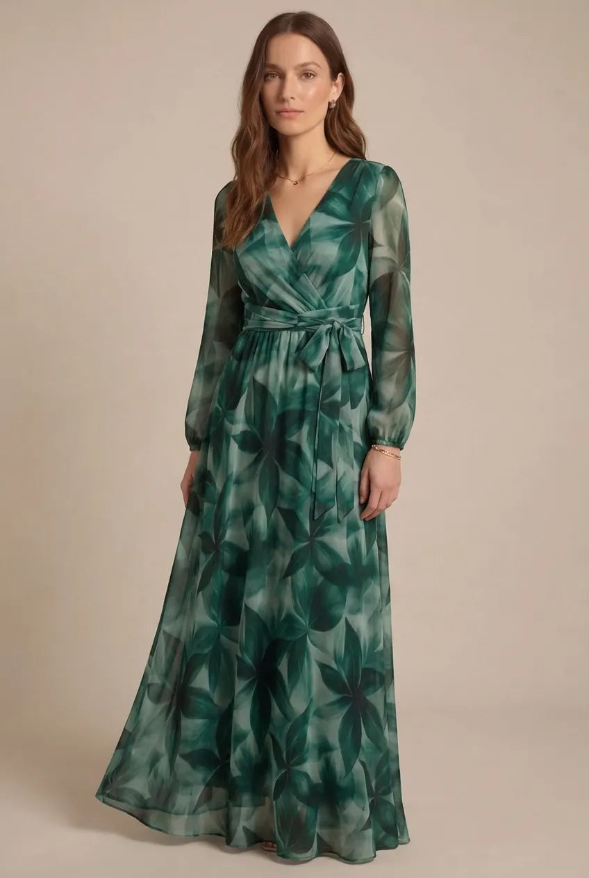 Avoria | Women’s Long Sleeve Elegant Maxi Dress Tie Waist Wedding Guest